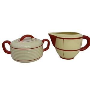 RARE ~ Pottery/1930s Czechoslovakia Art Deco Cream & Sugar - Orange & Cream